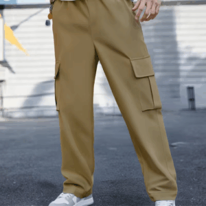 1pc Cargo Pants with Elastic Waist & Multiple Pockets
